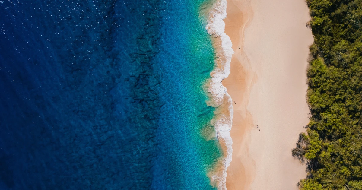 A calm shoreline at dawn with two separate channels of water running side by side toward the horizon.